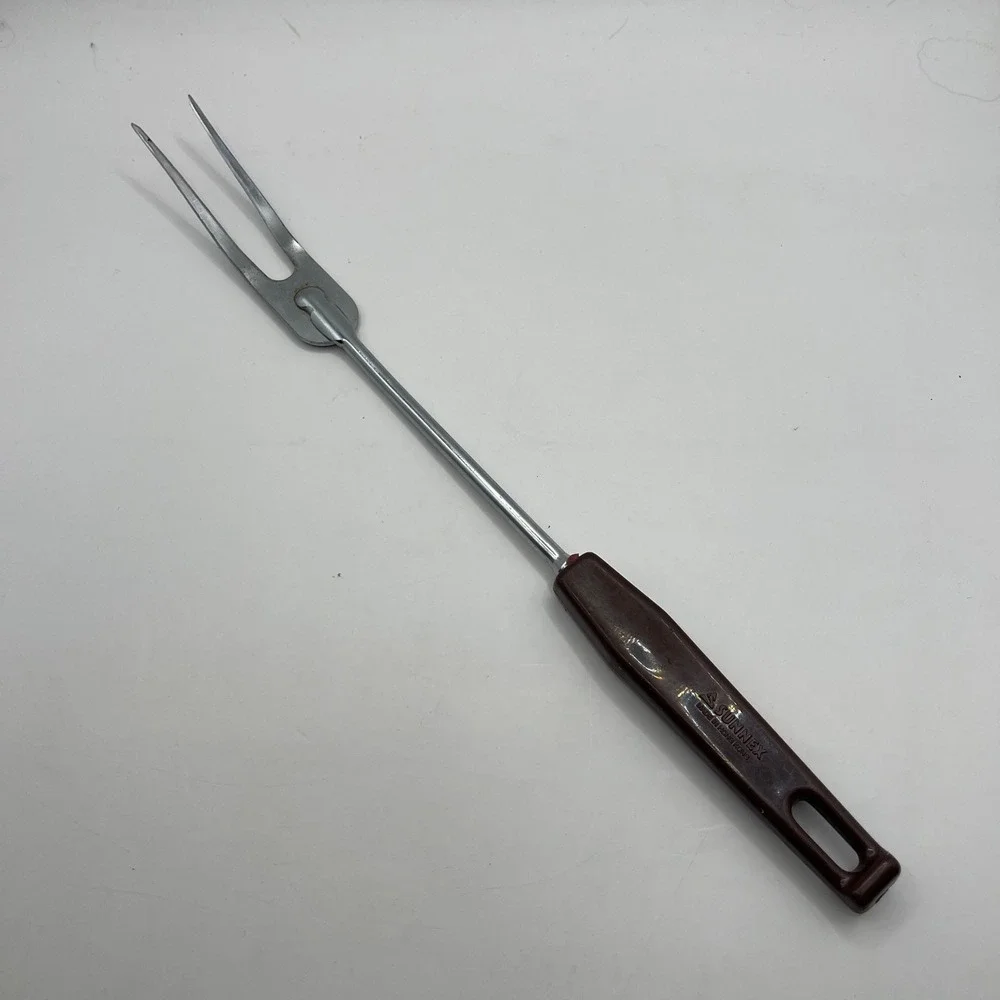 Sunnex Vintage Carving Fork Chrome Plated Brown Handle Made in Hong Kong 12.5